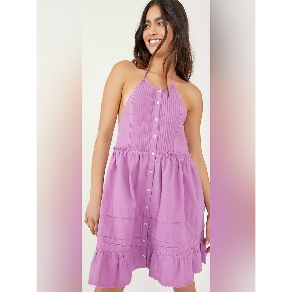 Free People Desert Days Mini Dress M Orchid Pink Halter Open Back Boho Cotton